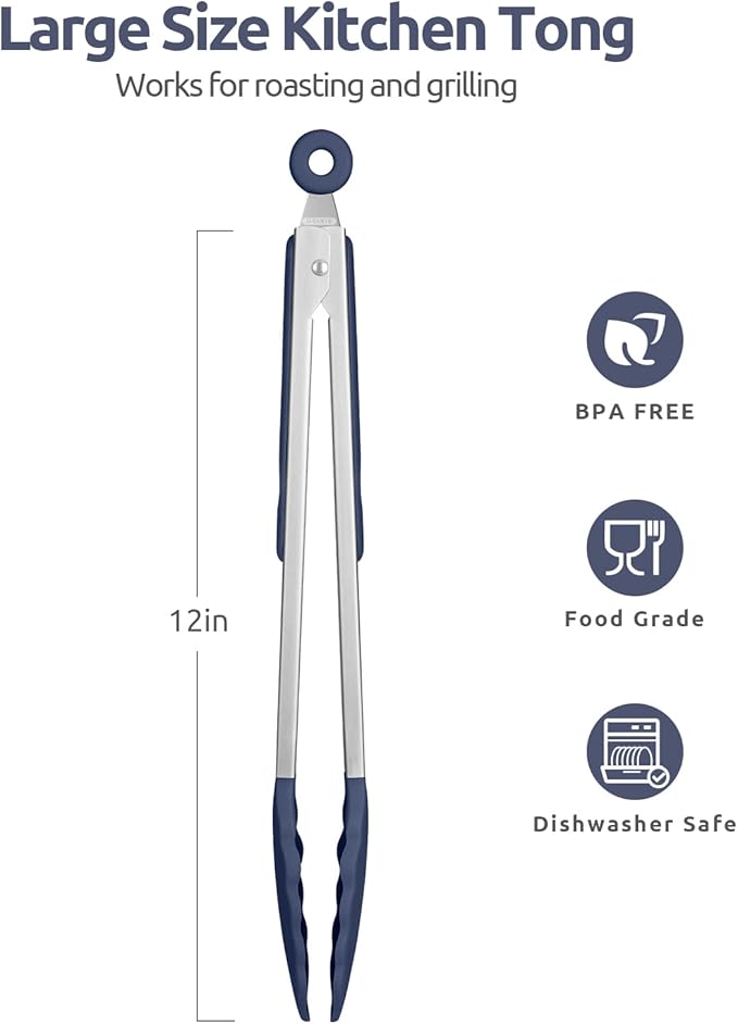 Tongs with Silicone Tips, Locking Stainless Steel, Midnight Blue
