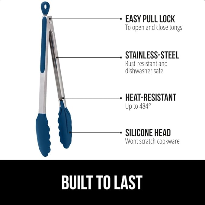 Tongs with Scalloped Silicone Edges and Stainless Steel Construction, Blue