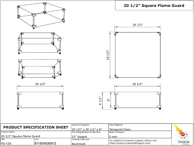 Celestial 20.5" x 20.5" x 6" Wind Guard, fits 15” Square Fire Pit Burner Pans - Image 6
