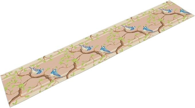 Watercolor Birds Table Runner, Spring Blue Bird Green Tree Table Runner - Image 2