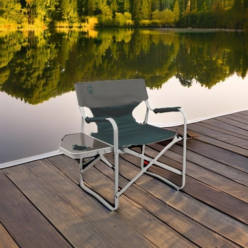 Camping Chair in Green with Flip-Up Side Table and Cup Holder