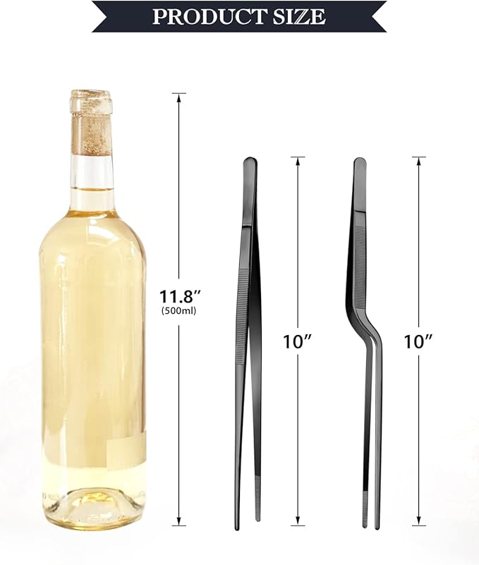 Tweezer Tongs Set, 2-Piece Stainless Steel, Offset and Fine Tip, Black