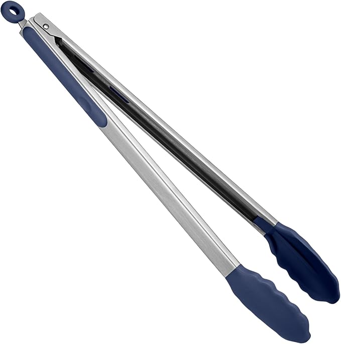 Grilling Tongs, 16-Inch Stainless Steel with Silicone Tips, Midnight Blue