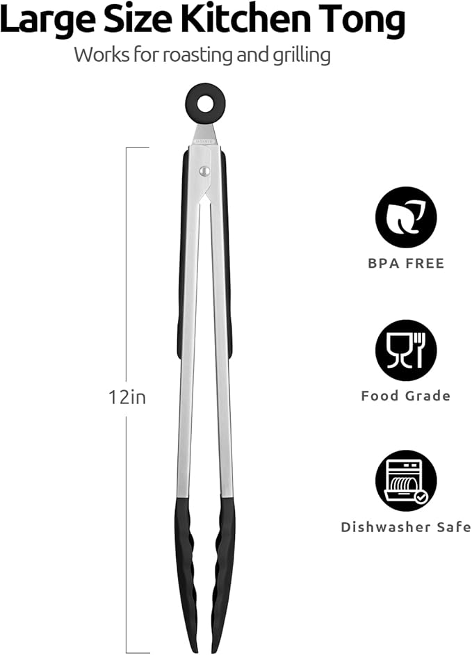 Tongs with Silicone Tips, Locking Tab and Stainless Steel Handles, Black