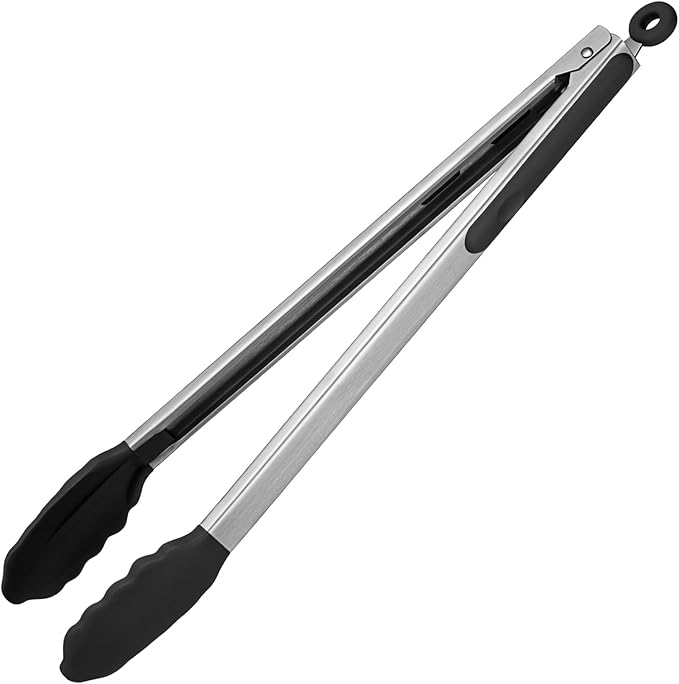 Tongs, 16-Inch Black Stainless Steel with Silicone Tips and Lock