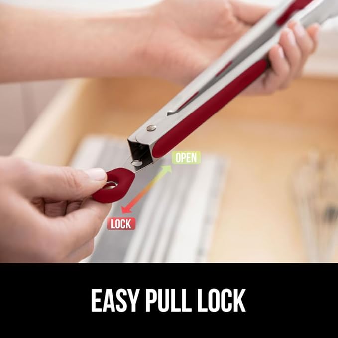 Tongs with Silicone Head and Stainless Steel Body, Red, Pull Lock