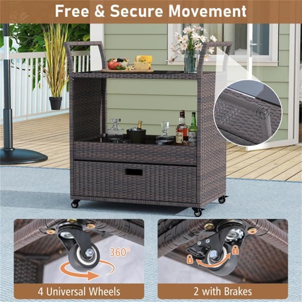 Outdoor Wicker Bar Cart with Drawer, PE Rattan Serving Trolley with Glass Top & - Image 6