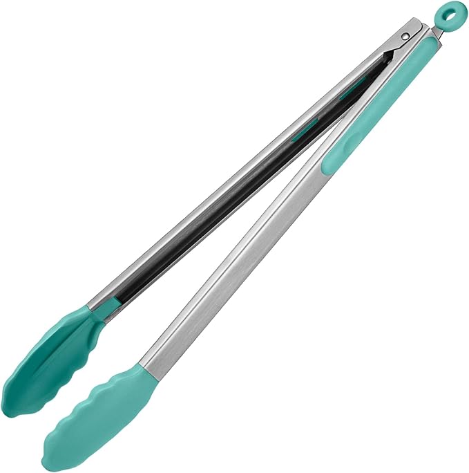 Grilling Tongs 16-Inch with Silicone Tips, Aqua Sky Locking