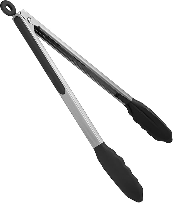 Tongs with Silicone Tips, Locking Tab and Stainless Steel Handles, Black