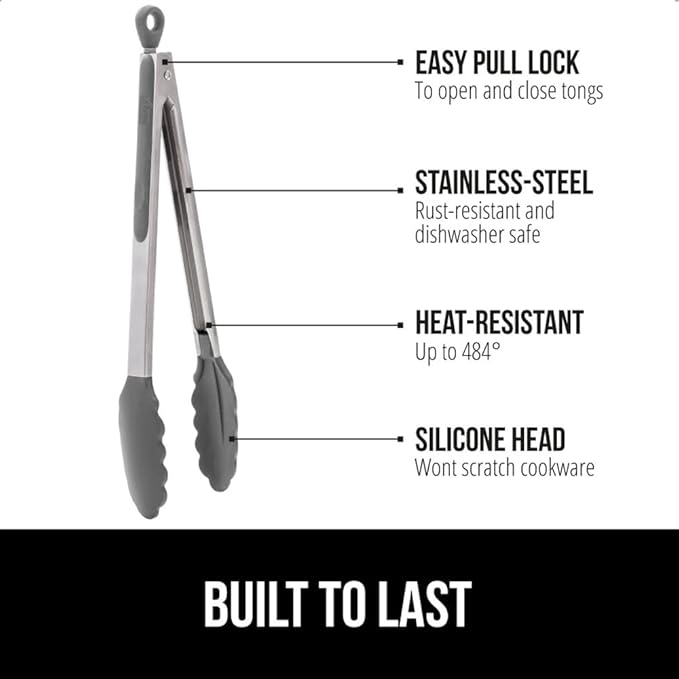 Tongs with Silicone Heads, Stainless Steel Build, Gray