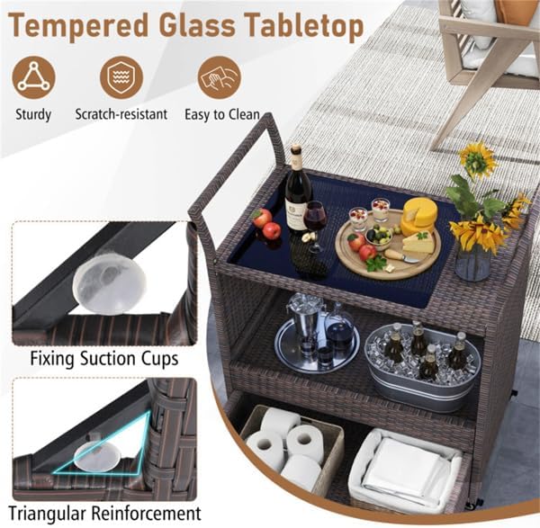Outdoor Wicker Bar Cart with Drawer, PE Rattan Serving Trolley with Glass Top & - Image 5