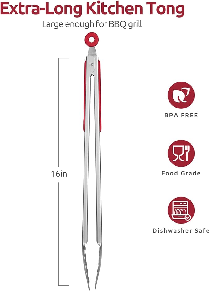 Tongs with Silicone Tips, 16-Inch Locking Design, Red