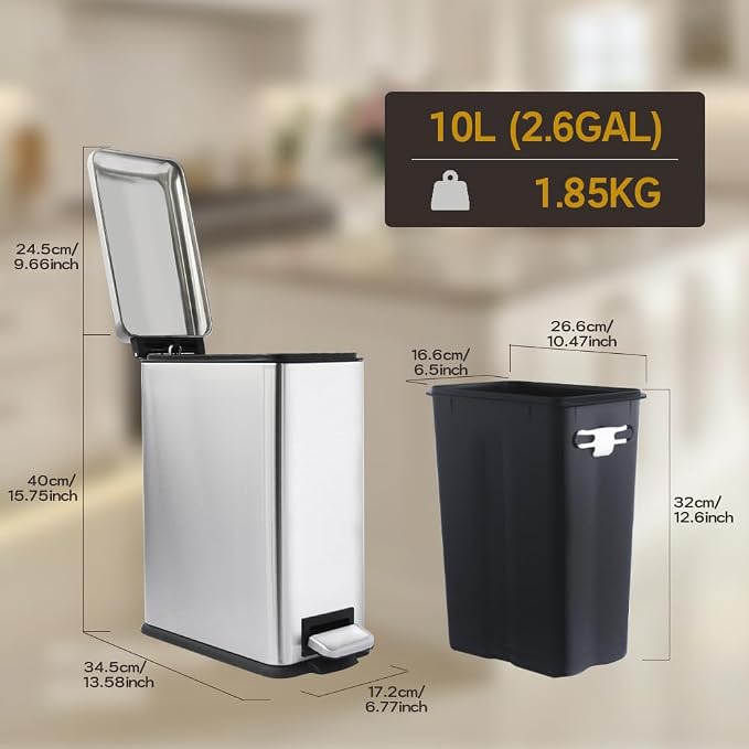 Bathroom Trash Can, 10 Liter / 2.6 Gallon Stainless Steel Garbage Can - Image 9