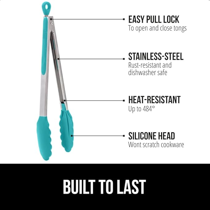 Tongs with Silicone Head, Stainless Steel Frame, Turquoise