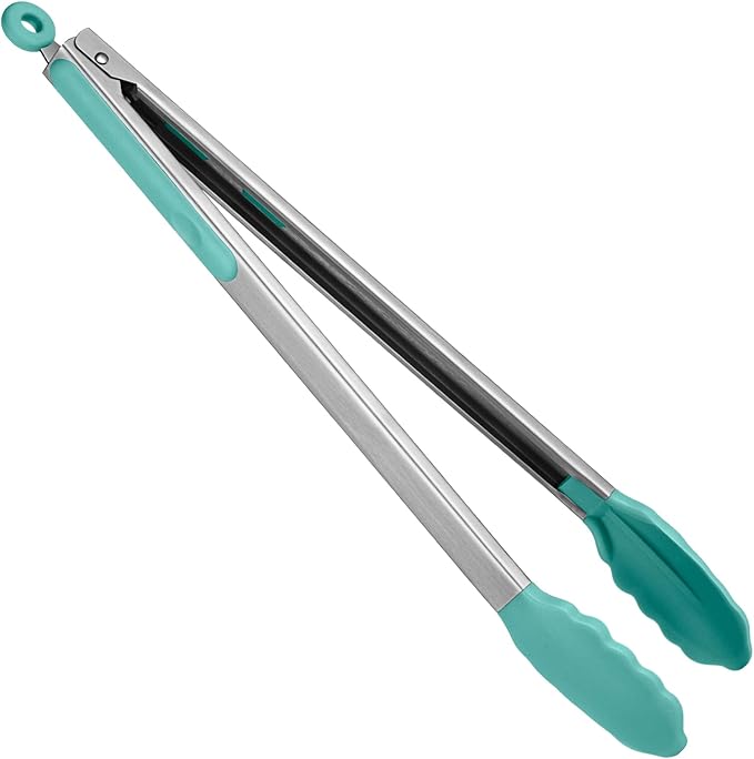 Tongs, 16-Inch Locking Stainless Steel with Silicone Tips, Aqua Sky