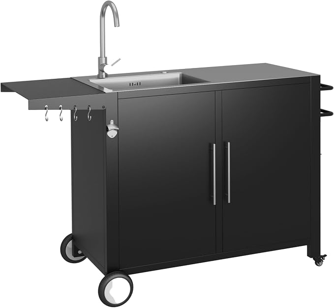 Grill Table with Sink, Outdoor Stainless Steel Kitchen Island Cabinets Sink by JFHID