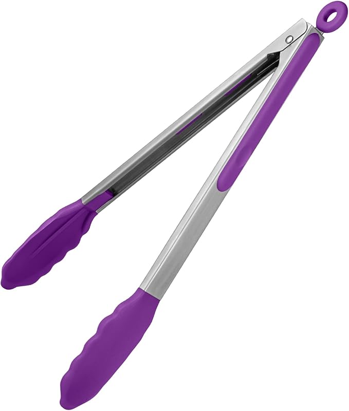 Tongs with Locking Handles and Silicone Tips, Purple 12 Inch