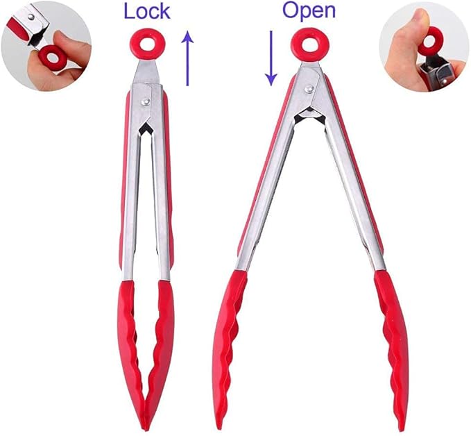 Tongs 4-Pack in Red with Locking Clip, Heat Resistant to 500°F