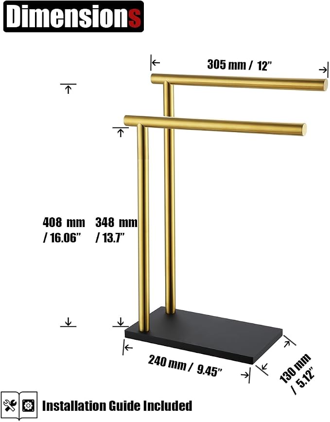 JQK Hand Towel Holder Stand Brushed Gold, Modern Tree Rack Free Standing - Image 2