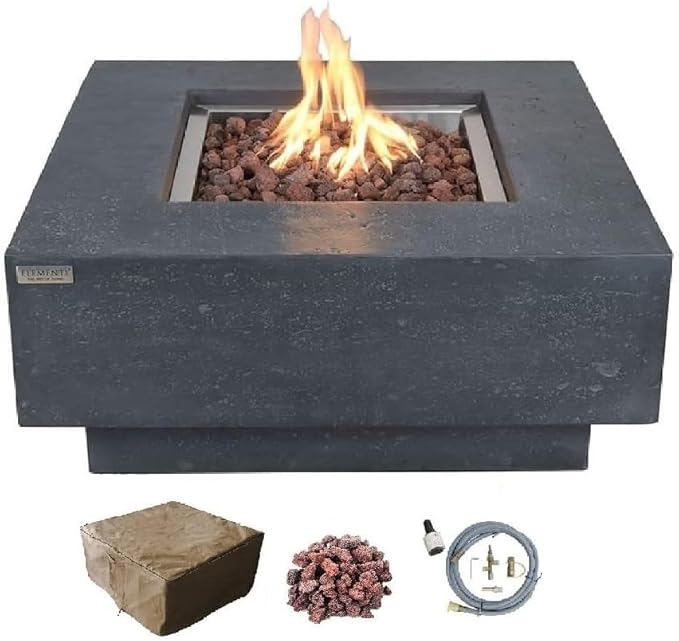 Elementi | Manhattan Gas Fire Pit Cast Concrete 36" Square Fire Table, Outdoor by AMSFireplaceInc