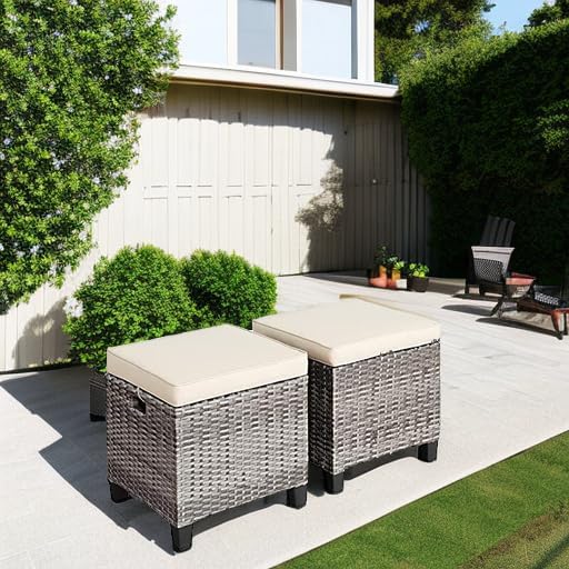 Tangkula 2 Pieces Patio Rattan Ottomans, Outdoor Wicker Footstool Footrest Seat - Image 6
