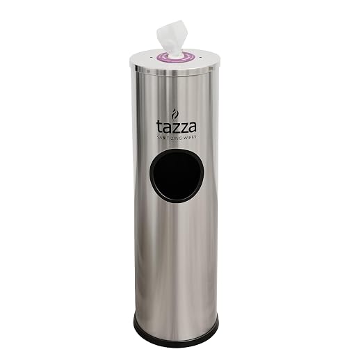 Tazza Gym Wipe Dispenser with Stainless Steel Floor Stand, Built-in Trash Can by Tazza