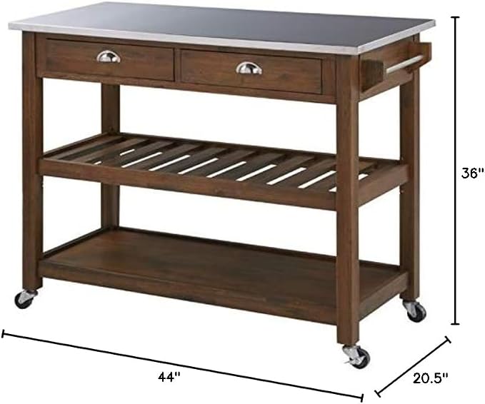 BOWERY HILL Modern Wood/Stainless Steel Kitchen Cart in Chestnut Wire-Brush - Image 7