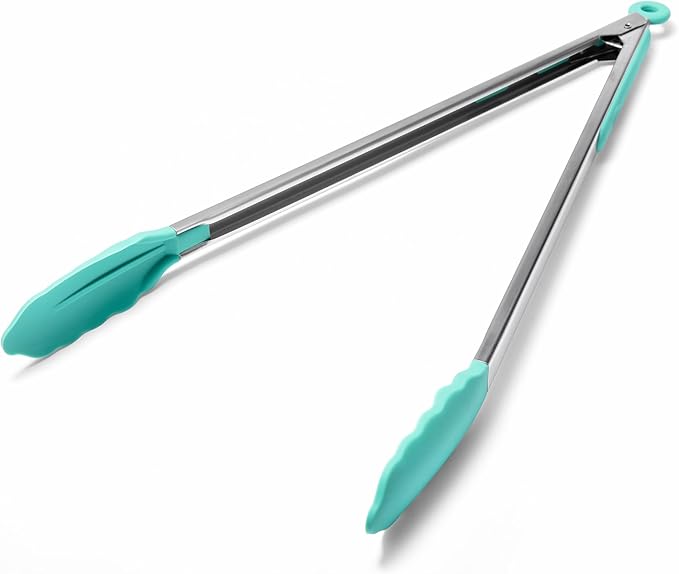 Stainless Steel Kitchen Tongs with Silicone Tips, 17.2 Inch, Aqua Sky