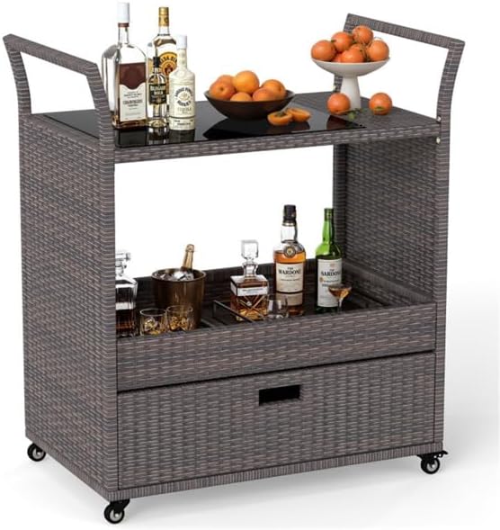 Outdoor Wicker Bar Cart with Drawer, PE Rattan Serving Trolley with Glass Top & - Image 8