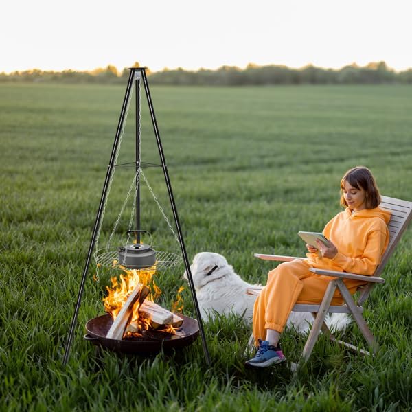 Campfire Tripod Grill, Adjustable Height BBQ Grill Grate - Image 5