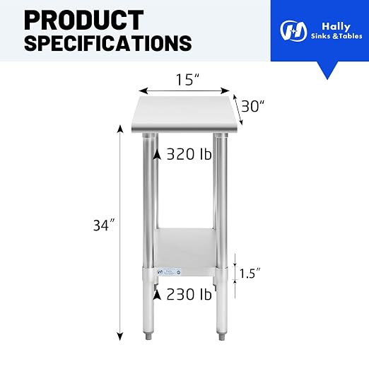 Hally Stainless Steel Table for Prep & Work 30 x 15 Inches, NSF Commercial - Image 3