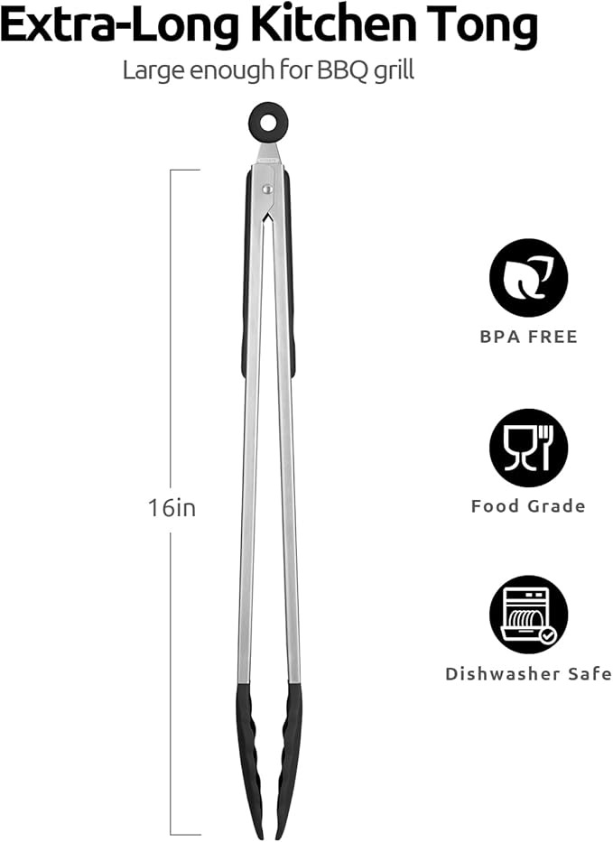 Tongs 16-Inch Black Stainless Steel with Silicone Tips and Locking Tab