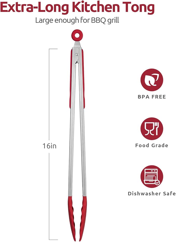 Tongs, 16-Inch Red Locking Grill Tongs with Silicone Tips