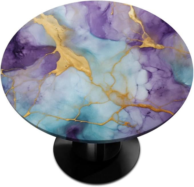 Marble Purple Gold Blue Round Table Cloth Cover, Elastic Edge Waterproof by ModaQua