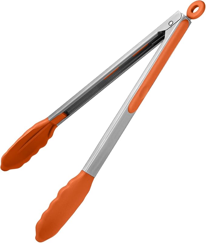 Tongs with Silicone Tips, Locking Design, 12-Inch Orange