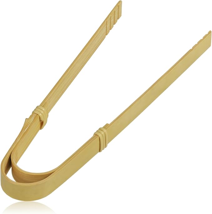Bent Bamboo Tongs, 7.28 in, Natural Polished Finish