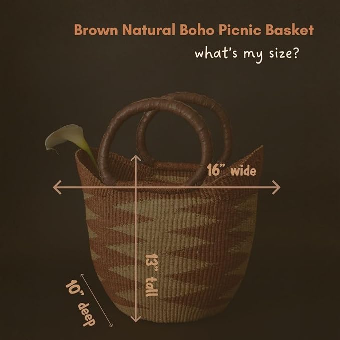 Brown Natural Picnic Basket, Reusable Grocery Bag, Kitchen & Dining Storage - Image 2
