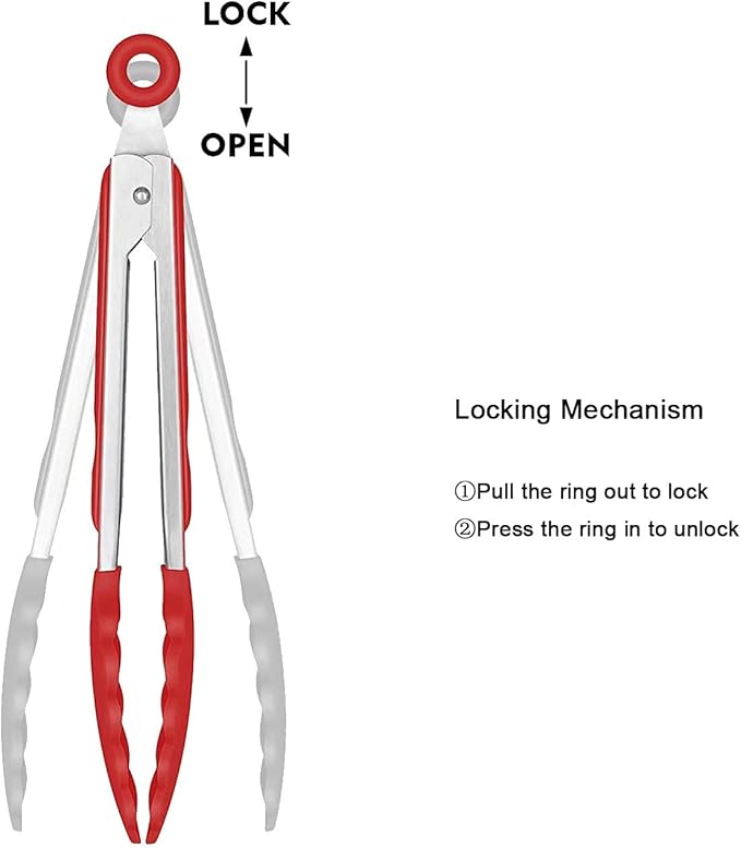 Tongs Set with Silicone Tips and Stainless Handles, Red 4-Piece Grilling Set