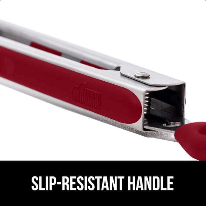 Tongs with Silicone Head and Stainless Steel Body, Red, Pull Lock