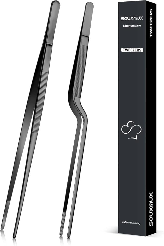 Tweezer Tongs Set, 2-Piece Stainless Steel, Offset and Fine Tip, Black