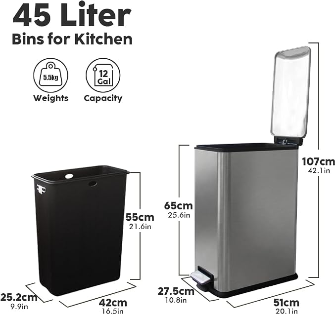 12 Gallon Slim Trash Can Kitchen, Stainless Steel Trash Can - Image 8
