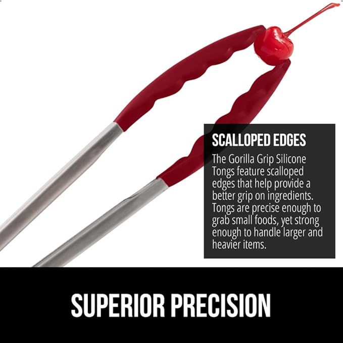 Tongs with Silicone Head and Stainless Steel Body, Red, Pull Lock