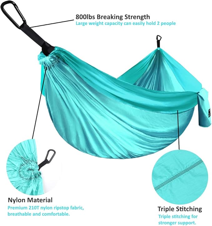 Camping Hammock for 2, Seafoam Nylon with Tree Straps, 500 lb Limit