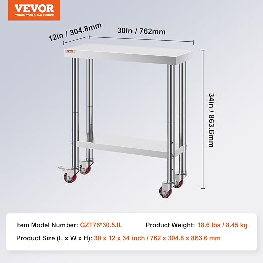 VEVOR Stainless Steel Work Table 30 x 12 x 34 Inch, 700 LBS Load Capacity - Image 7