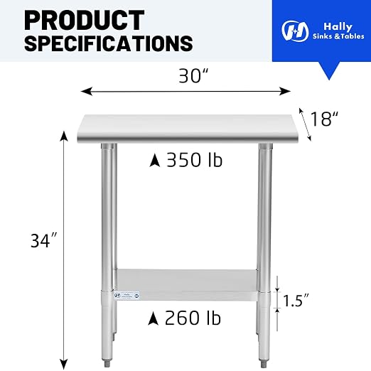 Hally Stainless Steel Table for Prep & Work 18 x 30 Inches, NSF Commercial - Image 3