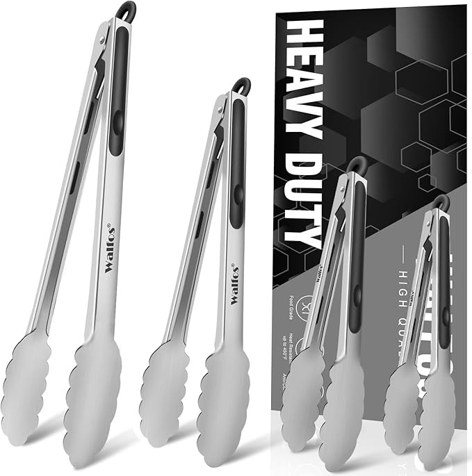 Tongs 4-Piece Stainless Steel Set with Silicone Grip and Locking Ring