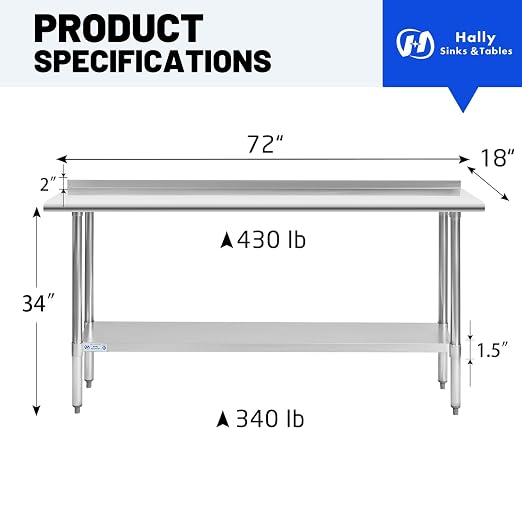 Hally Stainless Steel Table for Prep & Work 18 x 72 Inches, NSF Commercial - Image 3