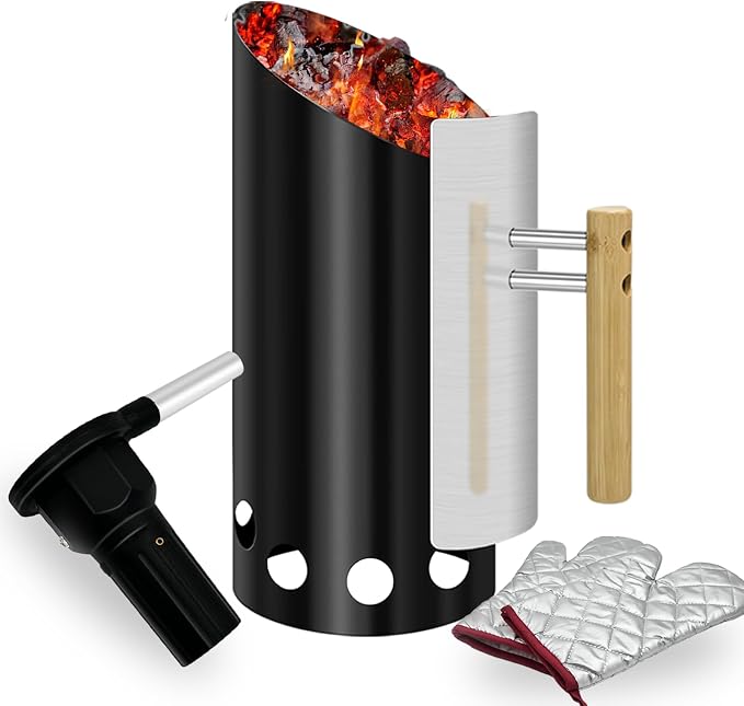 Charcoal Chimney Starter with Doubel Air Volume BBQ Fan and Insulation Gloves by Joyagrill