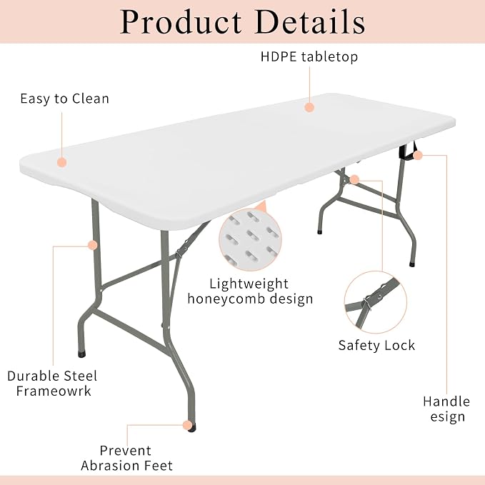 Set of 2 Folding Tables with Carrying Handle Lightweight Rectangular Portable - Image 3
