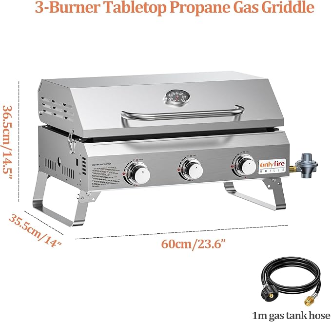 Tabletop Gas Griddle with Foldable Legs, Portable 3-Burner Propane Gas Grill - Image 5